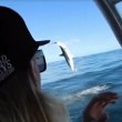 Squalo salto backflips fuori dall'acqua accanto ai pescatori2