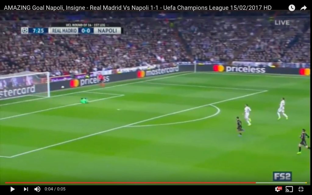 Lorenzo Insigne video gol Real Madrid-Napoli sotto occhi Maradona