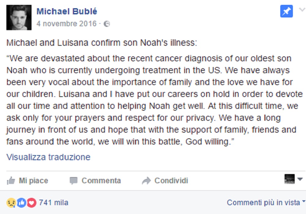 Noah Bublè "sta guarendo dal cancro": l'annuncio della zia, cognata di Michael