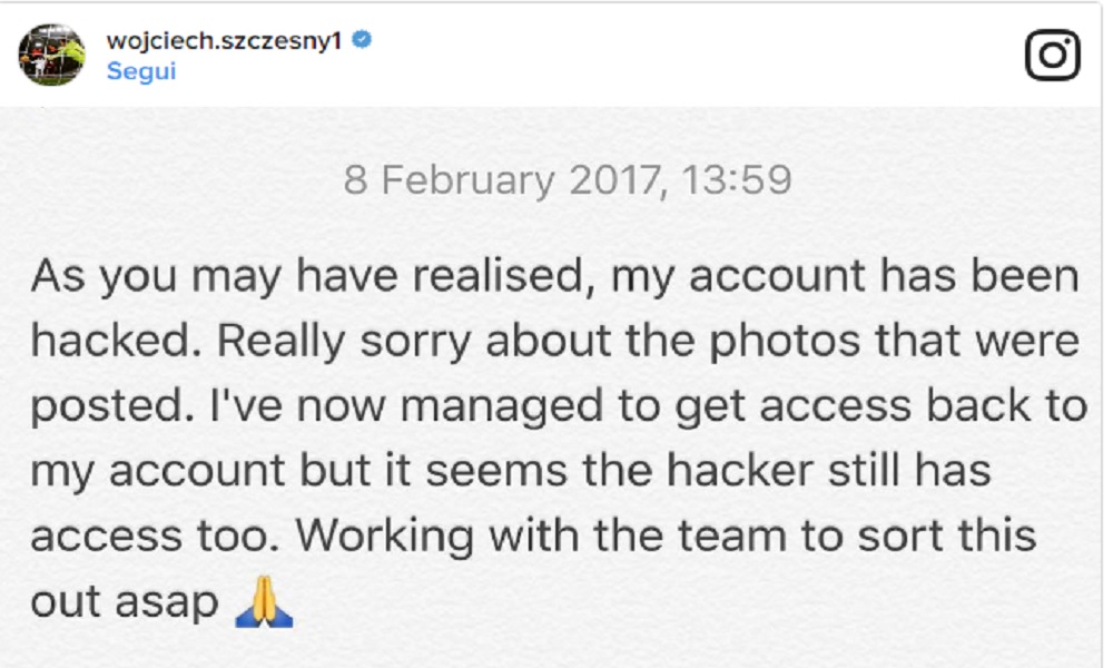 Szczesny, hackerata pagina Instagram portiere della Roma FOTO