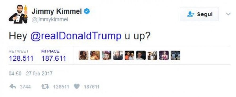 Oscar 2017. "Trump sei sveglio?". Valanga di retweet al messaggio di Kimmel