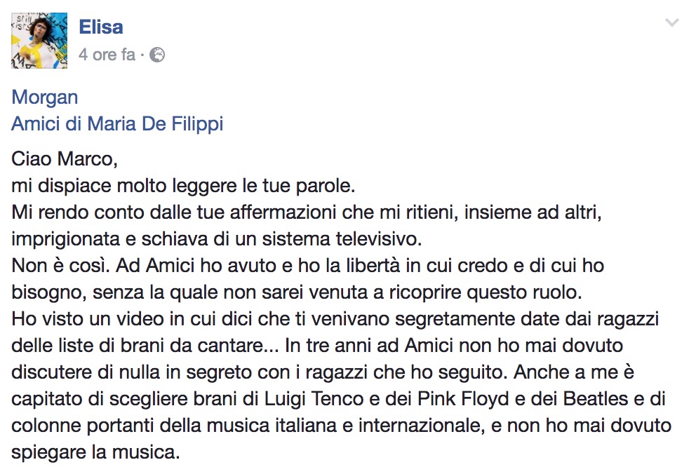 Amici, Elisa risponde a Morgan: "Sono fiera di essere pop"
