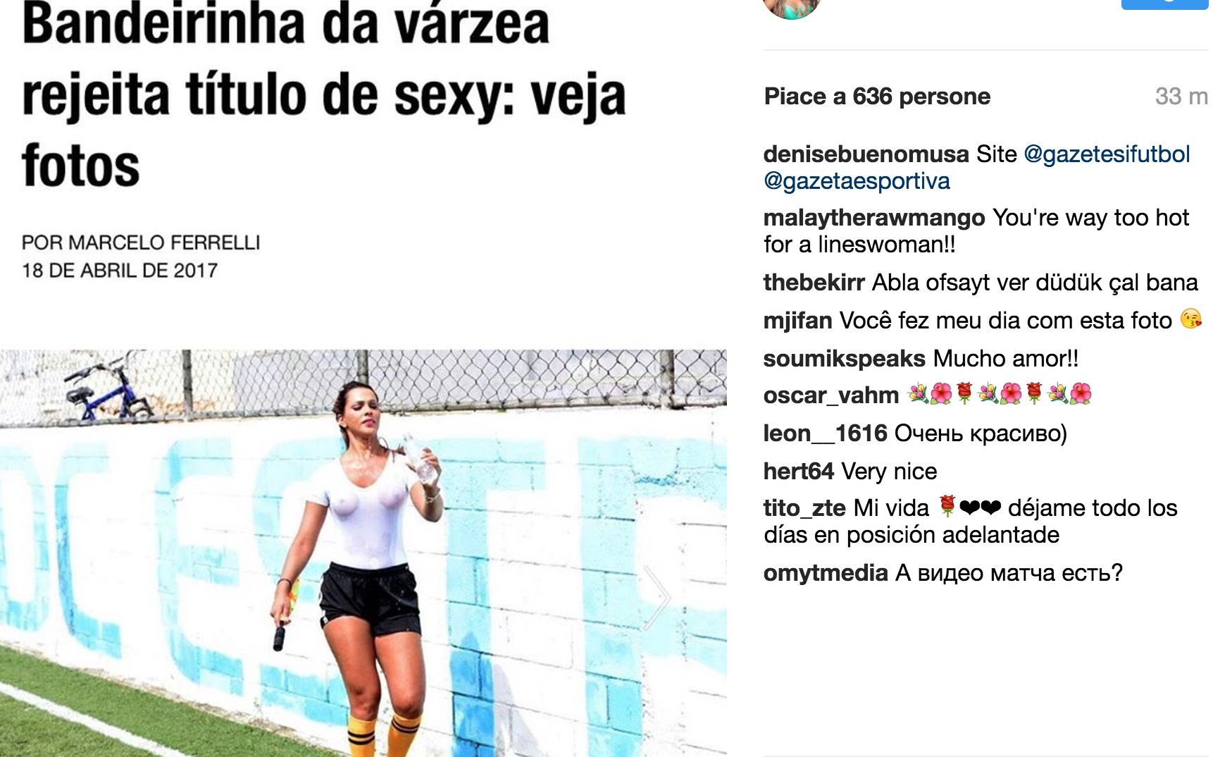 Denise Bueno, guardalinee con t-shirt trasparente e niente sotto: tutti la guardano FOTO