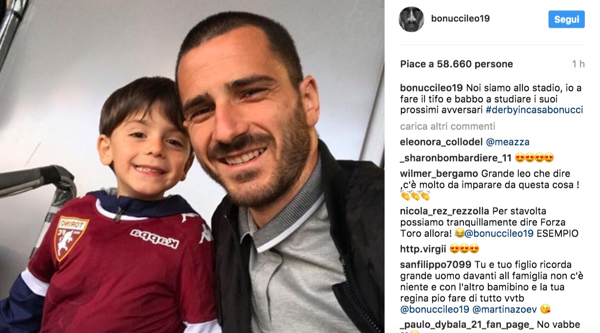 Torino, Leonardo Bonucci allo stadio: figlio con maglia granata