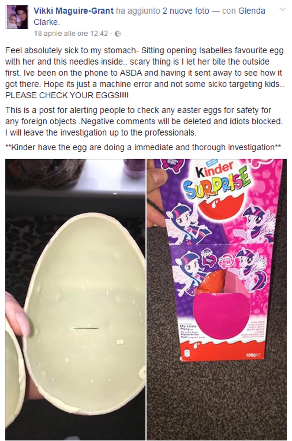 Compra Kinder sorpresa e ci trova un ago: la figlia di 2 anni rischia di mangiarlo