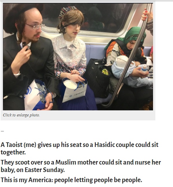 Il Taoista, la coppia di ebrei e la musulmana che allatta: in una FOTO la vera grandezza dell'America (nella Metro di New York)