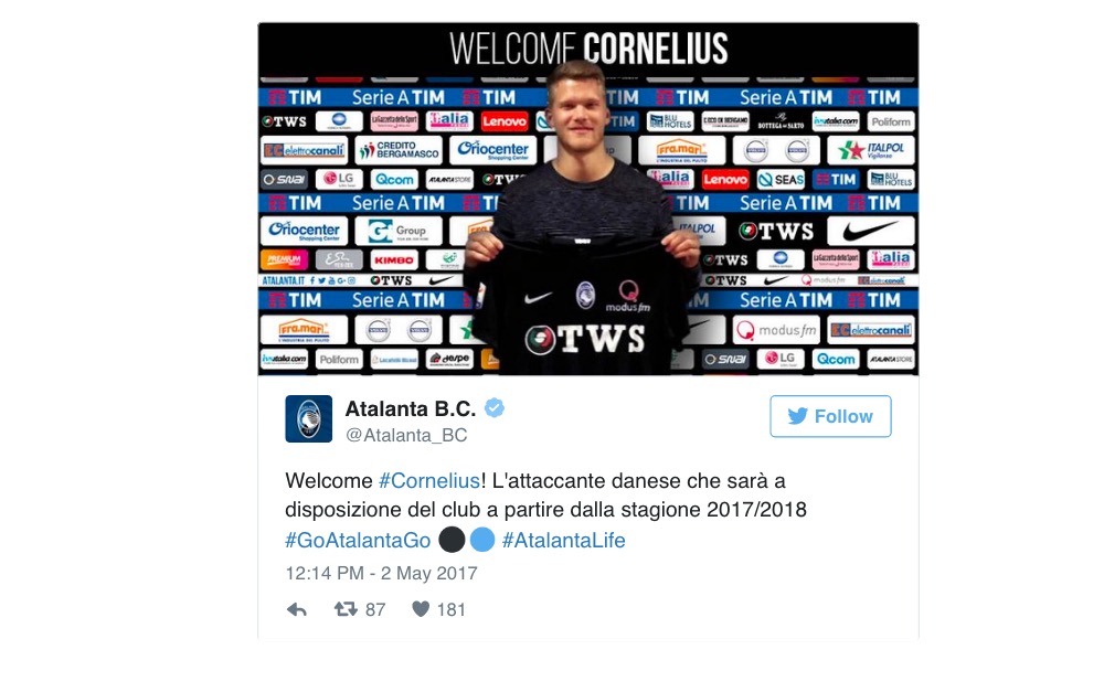Calciomercato Atalanta, Andreas Cornelius è ufficiale dal Copenaghen
