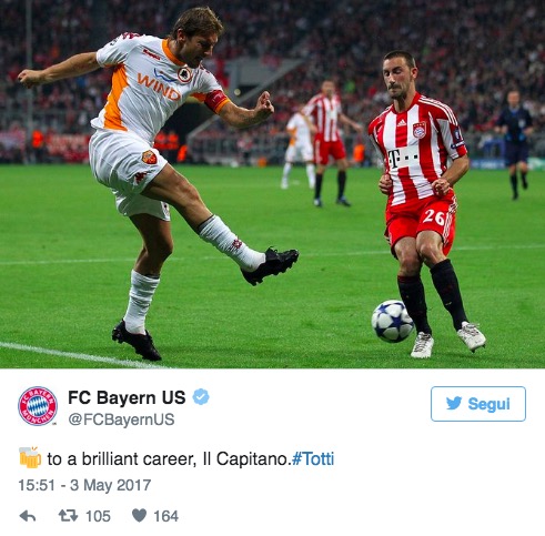 Addio Francesco Totti, Bayern Monaco e Hertha Berlino: "Grazie mille"