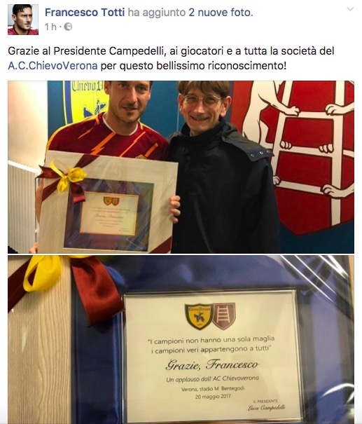 Chievo-Roma, Francesco Totti premiato da Campedelli (FOTO)