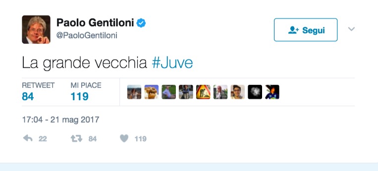 Paolo Gentiloni, il premier su Twitter: "La grande vecchia Juve"