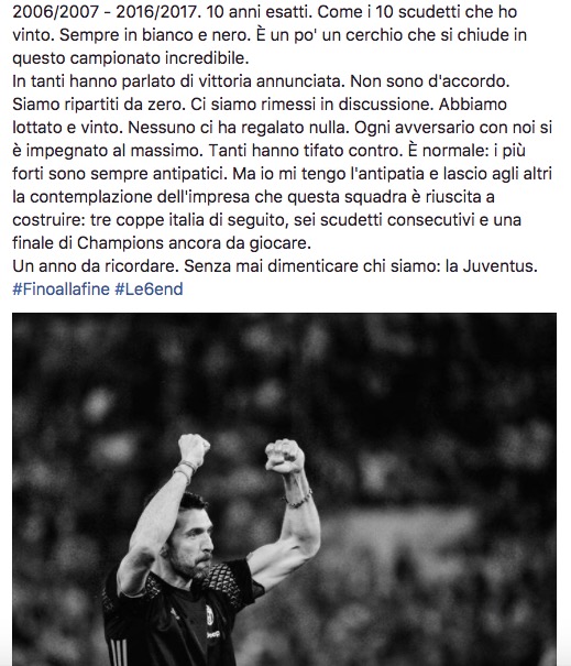 Buffon: "Juve, sesto scudetto consecutivo. Scritta storia del calcio"