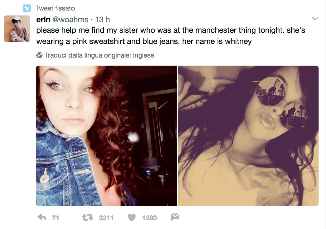 Attentato Manchester, l'appello su twitter di Erin: "Aiutatemi a trovare mia sorella Whitney"