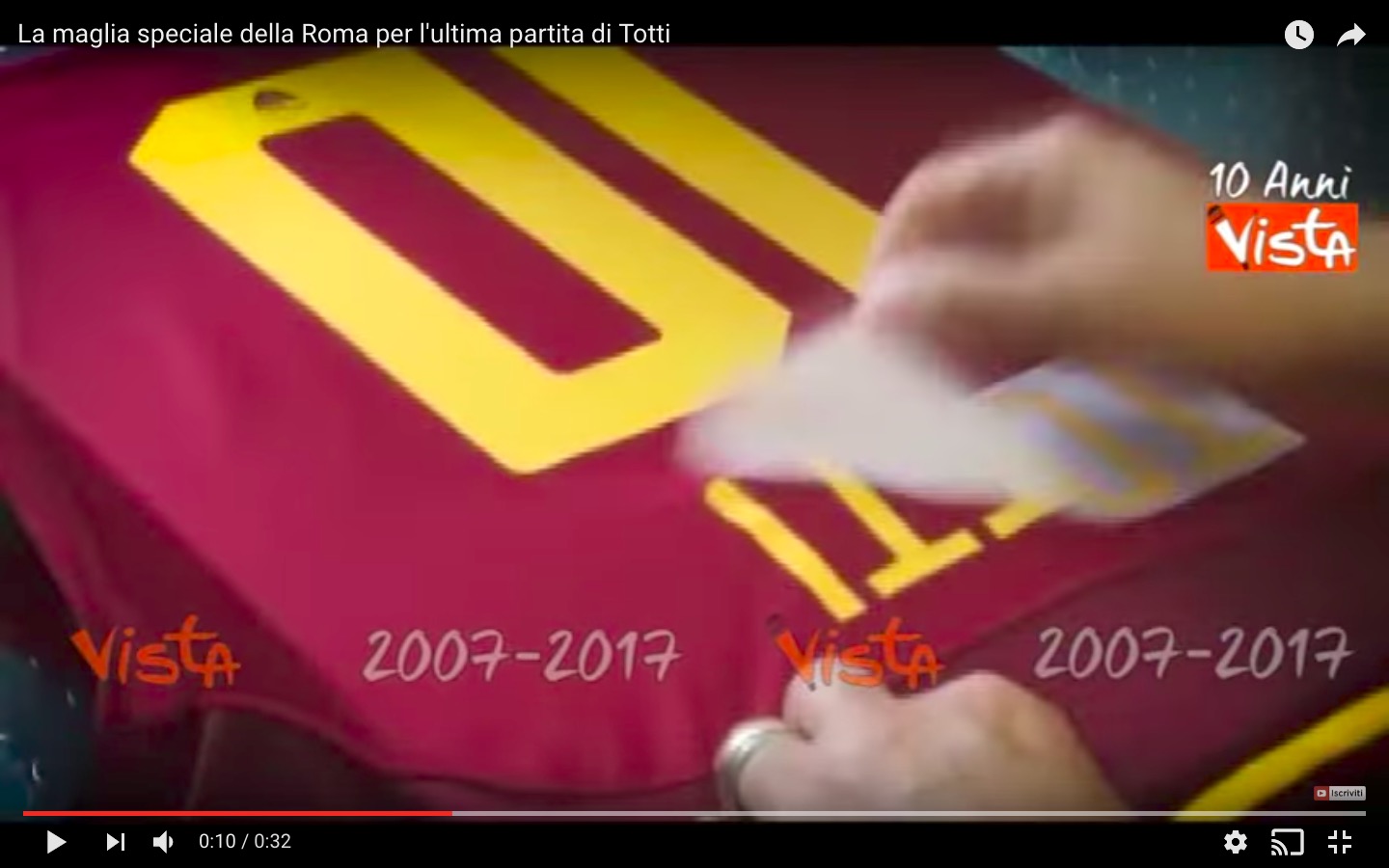 YouTube, Francesco Totti: maglia speciale per Roma-Genoa