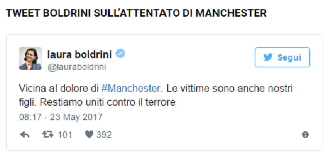 Attentato Manchester, Laura Boldrini: "Vicina al dolore". Haters la insultano