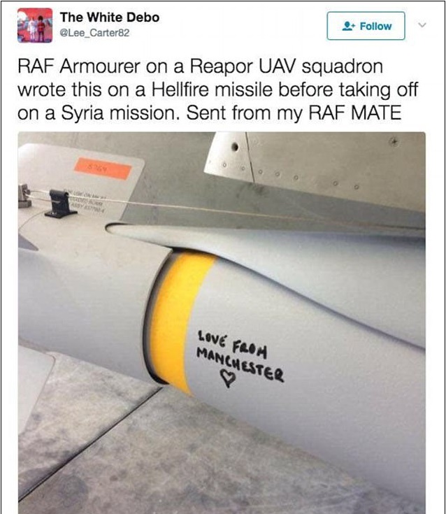 "Con amore da Manchester": scritta sul missile della "Royal Air Force" destinato all'Isis FOTO
