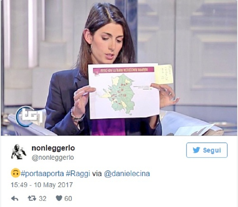 Virginia Raggi si difende a Porta a Porta sui rifiuti. Ma la mappa è a rovescio...01