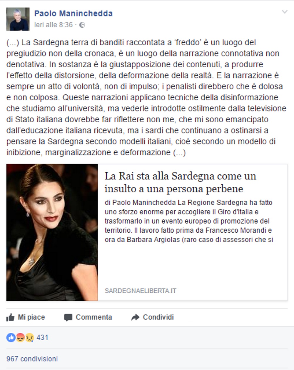 Giro d'Italia, assessore Sardegna Paolo Maninchedda contro Tg1: "Servizio rasenta il razzismo"