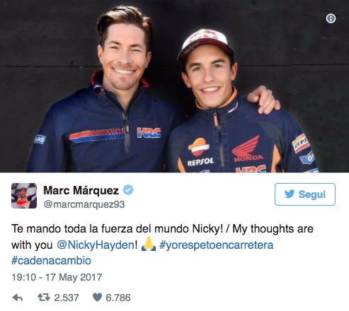 Nicky Hayden: i messaggi di Valentino Rossi, Lorenzo, Marquez