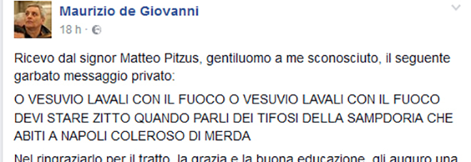 Maurizio de Giovanni, insulti razzisti sulla chat di Facebook: "Coleroso di m…."