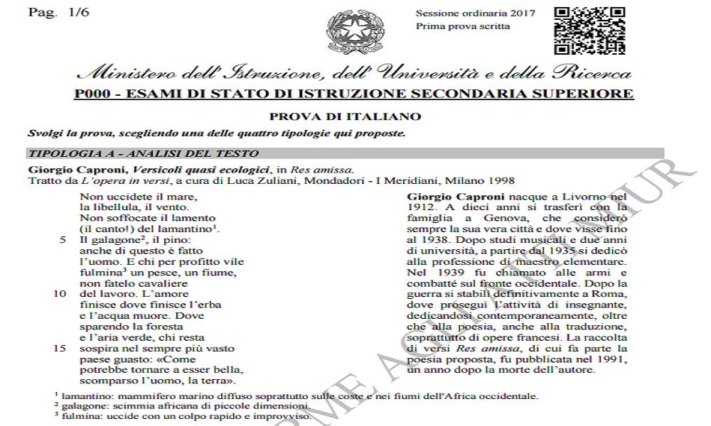 Maturità 2017, prima prova italiano: le tracce TESTO INTEGRALE-PDF