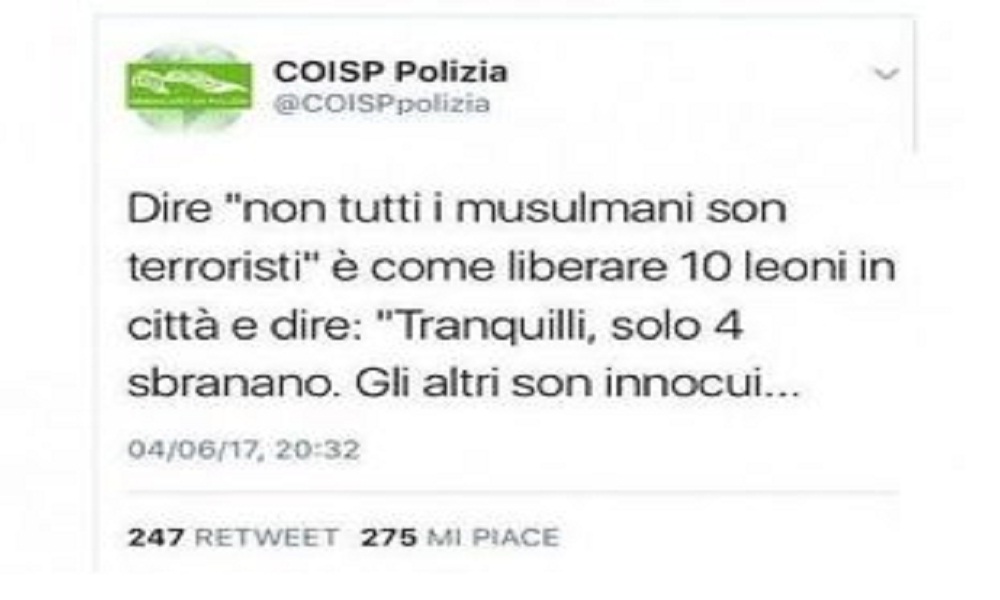 Il sindacato di Polizia Coisp e il tweet contro l'Islam