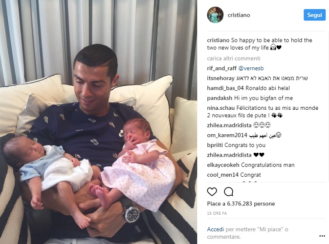 Cristiano Ronaldo con i gemellini Eva e Matteo