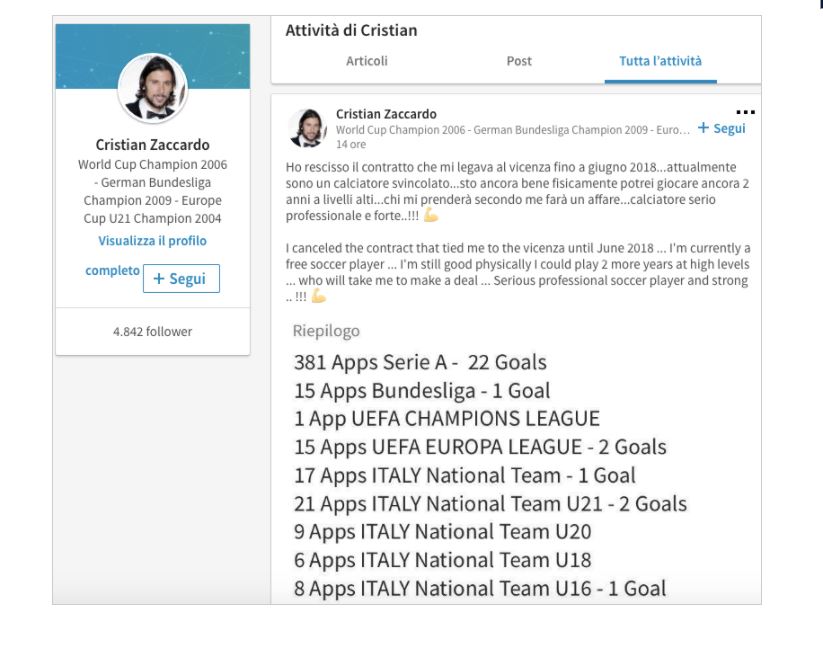 Calciomercato, Cristian Zaccardo cerca squadra su Linkedin