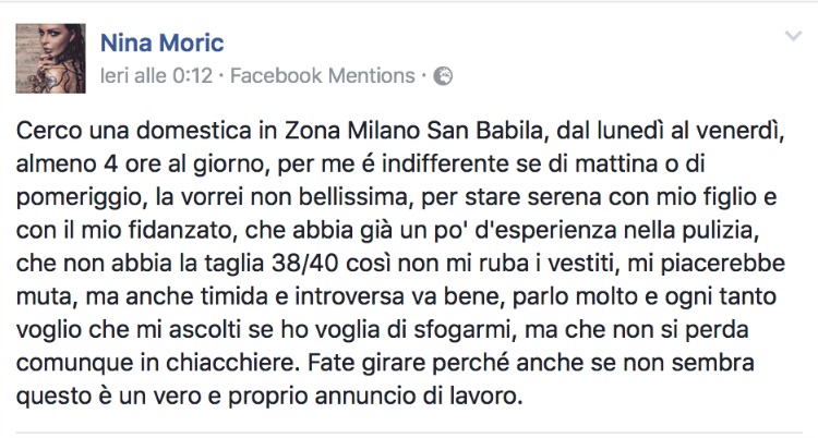 Nina Moric, annuncio di lavoro: "Cerco domestica, mi piacerebbe muta"