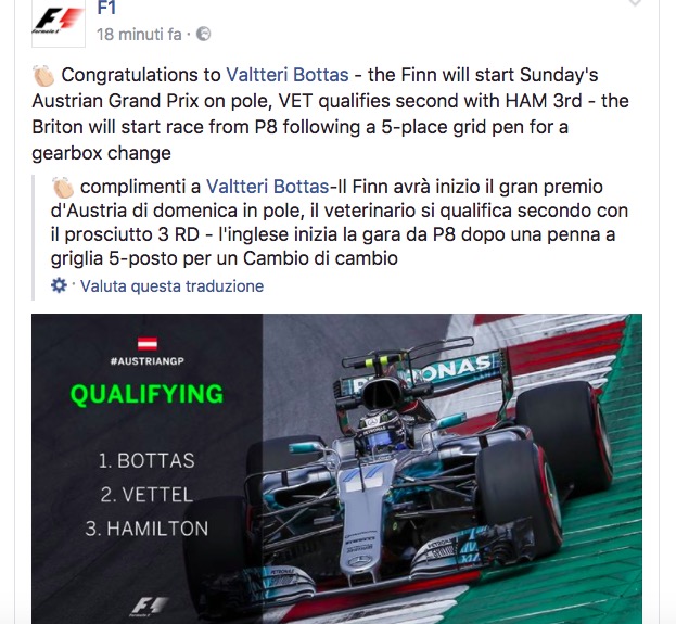 F1, Gp Austria: Valtteri Bottas in pole, Ferrari seconda e terza con Vettel e Raikkonen