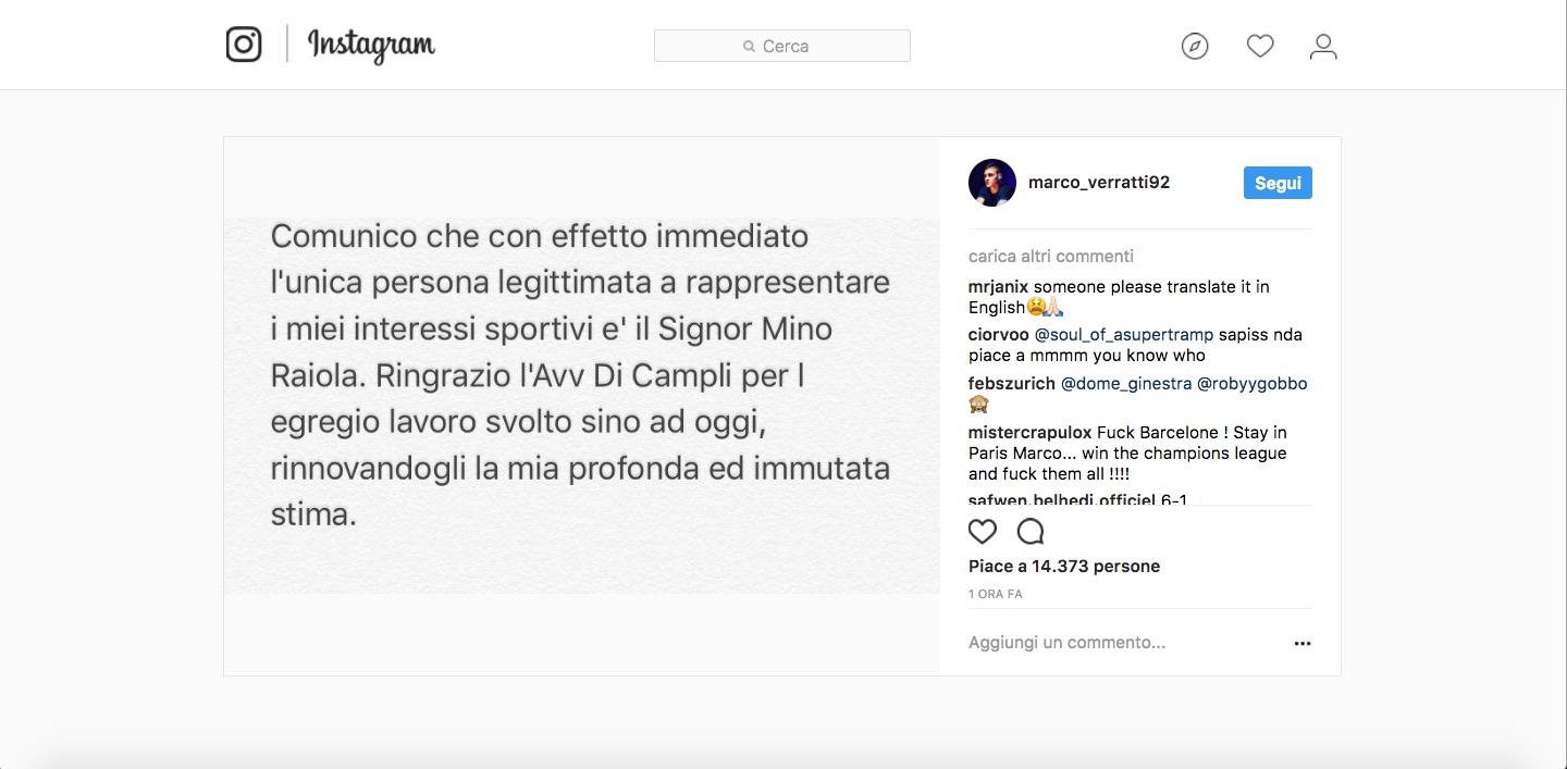 Marco Verratti: "Mino Raiola è il mio nuovo agente". Annuncio su Instagram