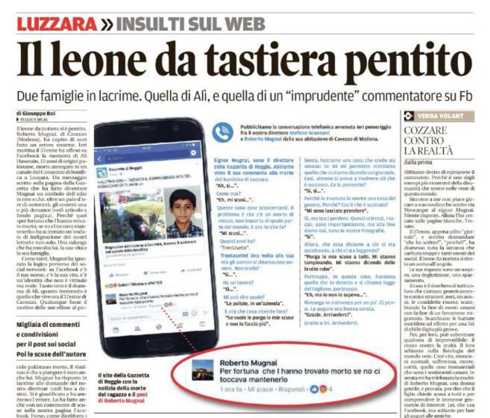 Luzzara, il commento razzista sul bambino pakistano morto. Gazzetta di Reggio lo scova e...