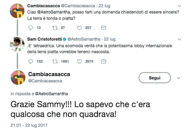 Samantha Cristoforetti: "La Terra è piatta". La risposta ad un utente su Twitter fa impazzire il web