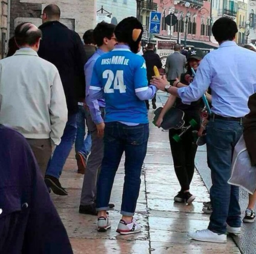 Verona-Napoli, tifoso con maglia "Insimmie" e maschera scimmia
