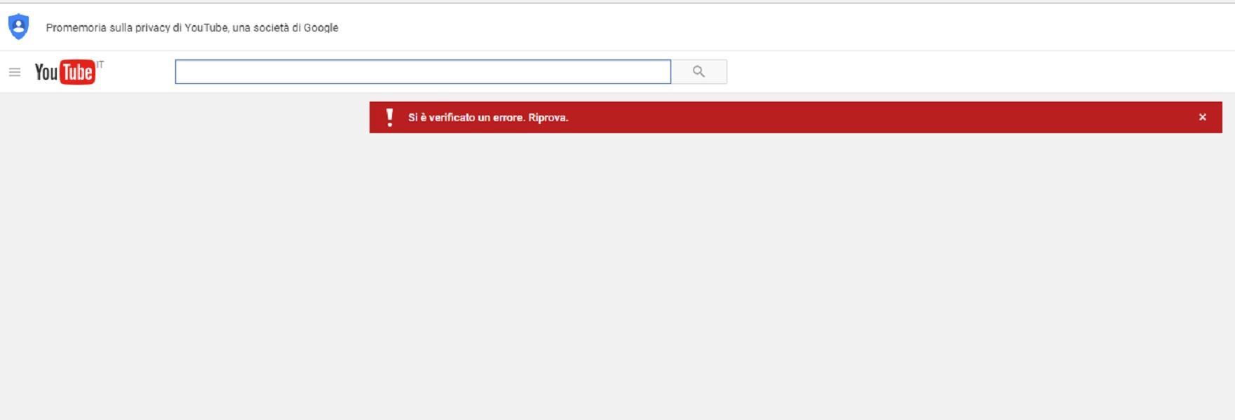 YouTube non funziona. Impossibile cercare i video: "Errore, riprova più tardi"