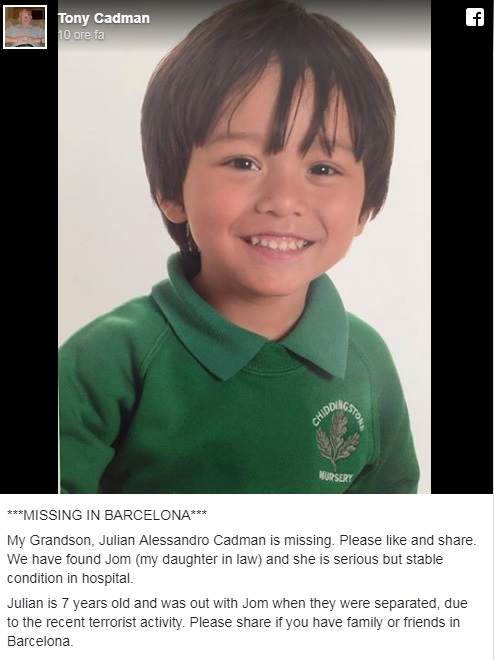 Julian Cadman non si trova: ha 7 anni ed è disperso da dopo l'attentato di Barcellona FOTO