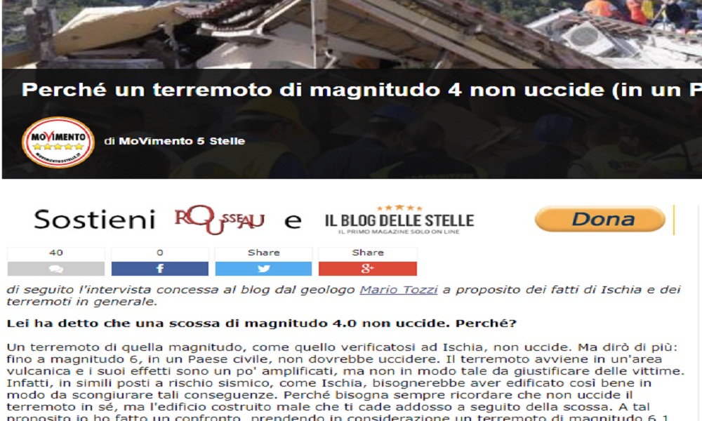 Mario Tozzi sul blog di Beppe Grillo: "Perché un terremoto di magnitudo 4 non uccide"