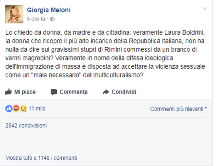 Il post su Facebook di Giorgia Meloni contro Laura Boldrini sugli stupri a Rimini
