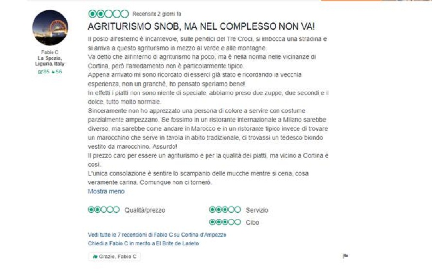 la recensione su TripAdvisor contro la cameriera di colore a Cortina
