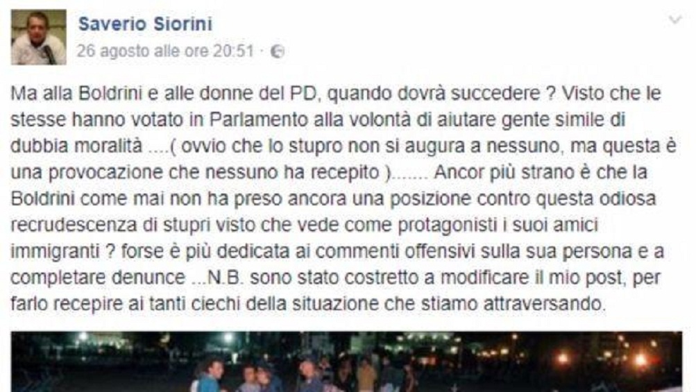Stupro Rimini, Saverio Siorini di Noi con Salvini su Fb: "Quando succederà alla Boldrini?"