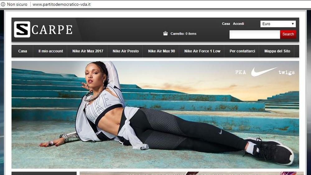 Pd Valle d'Aosta, dominio scaduto: il sito ora vende scarpe online