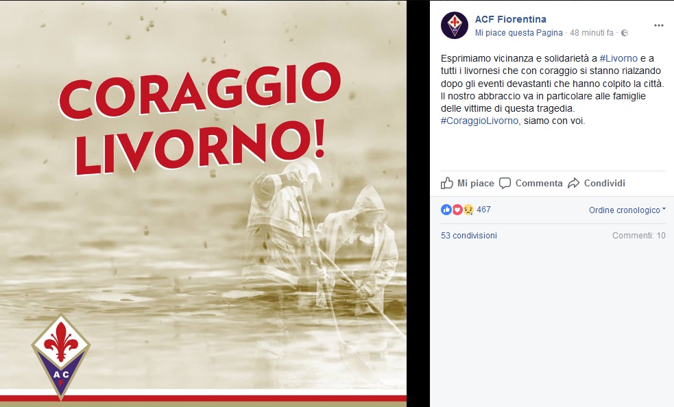 Livorno, anche la Fiorentina solidale su Facebook: "Coraggio, siamo con voi" FOTO