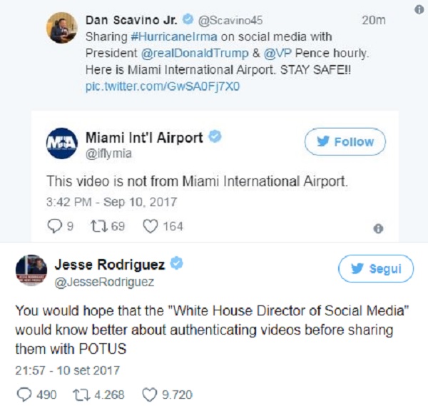 Uragano Irma: Casa Bianca gaffe, twitta il video sbagliato e l'aeroporto di Miami risponde così
