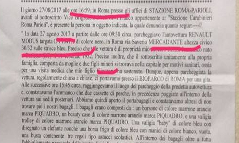 Roma, gli rubano i bagagli dall'auto. L'appello su Fb: "Dentro c'è la cartella medica di mio figlio malato