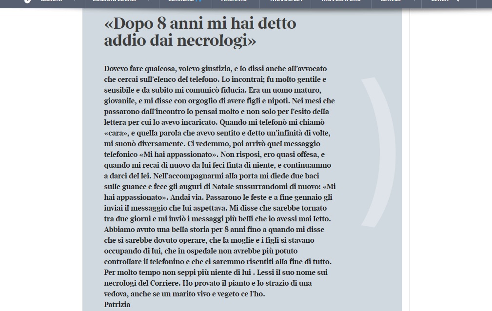 Mette le corna al marito ma finisce in tragedia. Quel necrologio sul Corriere della Sera...