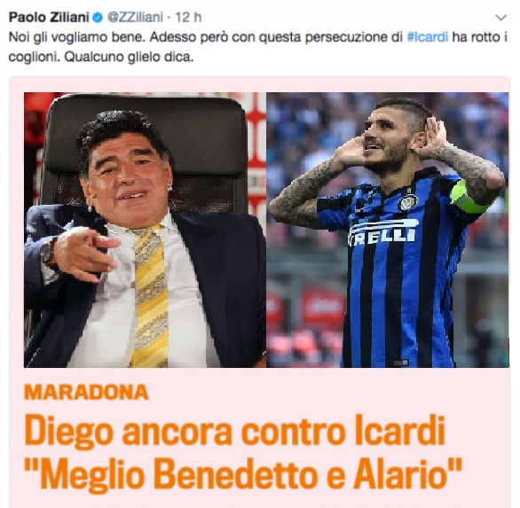 Maradona contro Icardi, Paolo Ziliani: "Ha rotto i cogl... con questa storia"