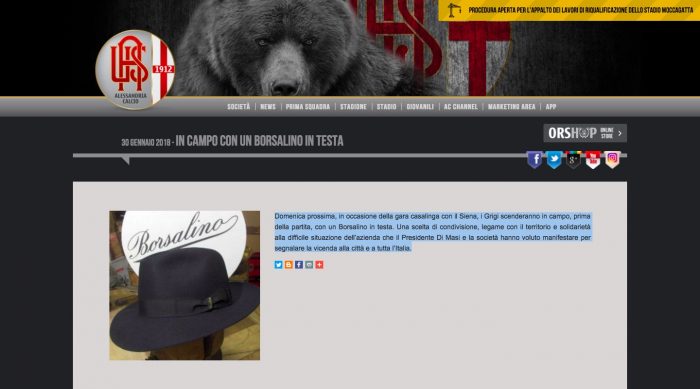 Alessandria, i calciatori scenderanno in campo indossando un Borsalino