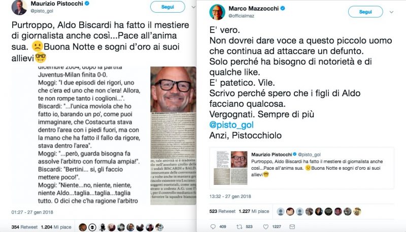 Maurizio Pistocchi-Marco Mazzocchi lite su Twitter per Aldo Biscardi