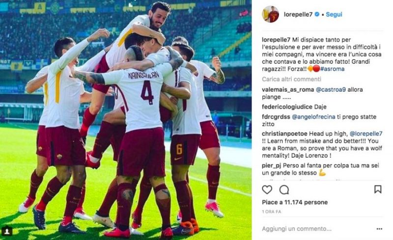 Lorenzo Pellegrini si scusa per espulsione in Verona-Roma: "Ma contava solo vincere"