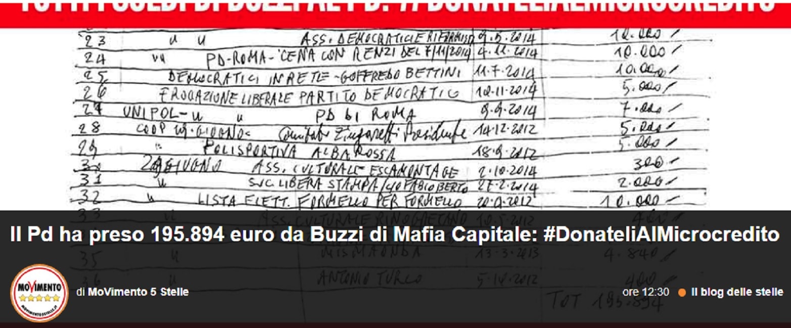 M5s contro Renzi: "Scandalo rimborsi? Ecco i bonifici fatti da Buzzi, Pd quando li restituisce?"
