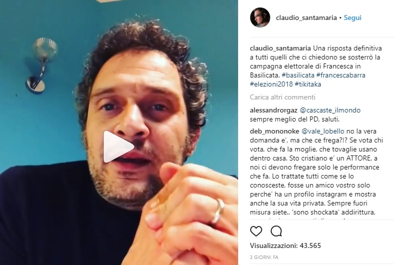Claudio Santamaria nel video Instagram di appoggio a Francesca Barra e criticato da M5s